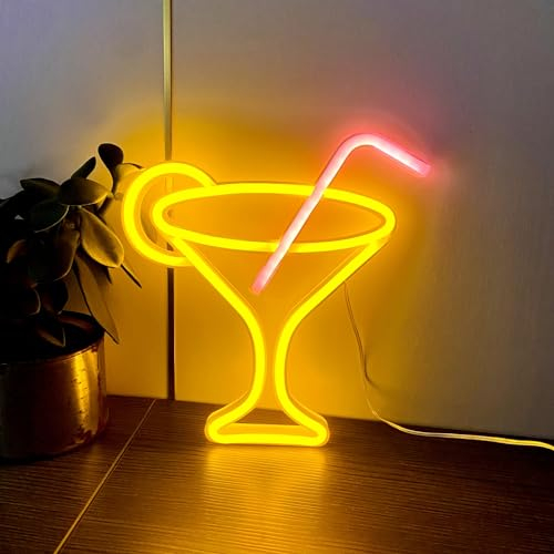 HFHungkeong Led Cocktails Neon Sign,Wine Glass Neon Light Battery and USB Dual Powered Bar Neon Night Light Signs for Wall Decor,Cocktails Night Lamp for Bar, Club,Bar Cart Acessories Decor