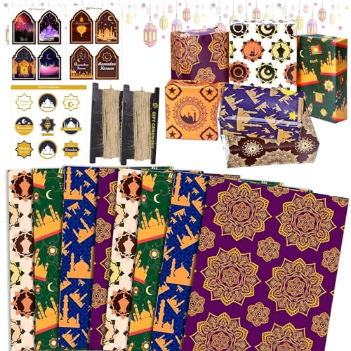 KIKVTER Ramadan Geschenkpapier, 8 Blatt Eid Mubarak Geschenkpapier, Eid Mubarak Ramadan Geschenkpapier mit Mond-Stern-Muster, Eid Mubarak Sticker, Eid Mubarak Deko für Islamische Geschenkverpackung
