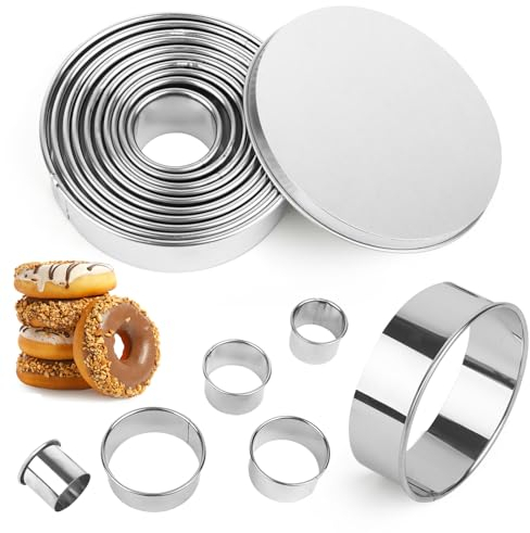 Juego 11 Pieza Cortapastas Redondo,Cortadores Galletas Acero Inoxidable,Círculo Forma Galleta,Juego de Cortadores de Repostería,Moldes Rosquillas,Herramienta,Moldes para rosquillas,galletas y bollería