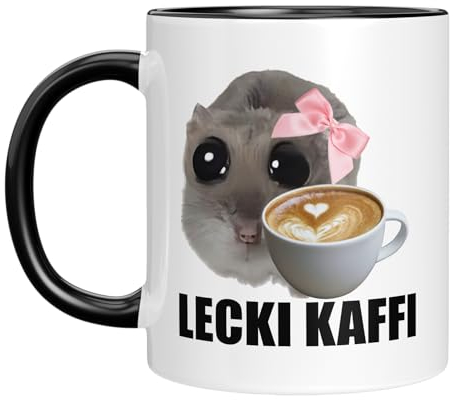 Tasse mit Spruch - Lecki Kaffi - viral - Becher mit Motiv - sad Hamster - Meme - lustige Geschenkidee - Tiermotiv - Geburtstagsgeschenk - Sie & Ihn - Schwarz