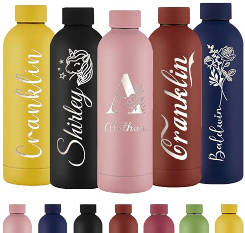 Xihedfd Personalisierte Trinkflasche Gravur Wasserflasche mit Namen Individuell Rostfreier Edelstahl Metall 500 ml Thermosflasche für Schule Büro Sport