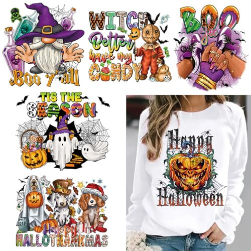 6Sheets Halloween Iron on Transfers Stickers Halloween Iron on Patches Vinyl Decals Pumpkin Bat Ghost Spider Halloween Printing Pattern Heat Transfer Sticker for Clothing T-Shirt DIY Decor Men Women