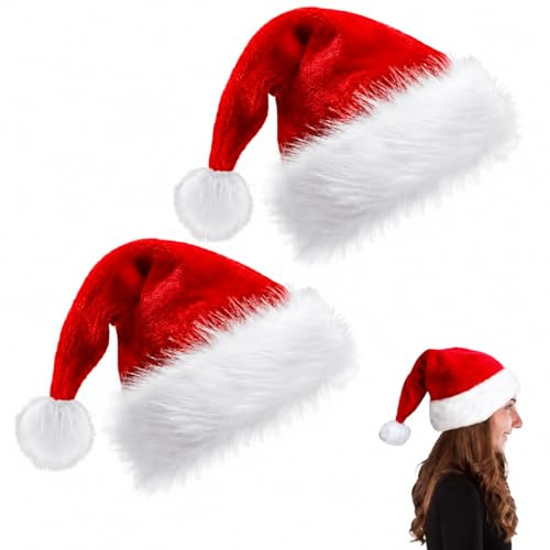CZAYEFNH Weihnachtsmützen,2 Stück Nikolausmütze, Weihnachtsmann Mützen, Santa Mütze, Rot Santa Hat Nikolaus Dicker Fellrand aus Plüsch kuschelweich und angenehm