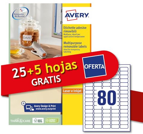 Avery Italia L4732REV-30P Weiße Papier-Klebeetiketten, entfernbar, keine Rückstände, 25 + 5 zusätzliche Blätter, rechteckig, 35,6 x 16,9 mm, 80 Etiketten pro Blatt, abnehmbarer Aufkleber, Laser