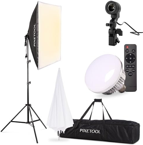 PIXETOOL Set Softbox per Studio Fotografico - 1 Softbox 50x70 cm, Riflettore Umbrello, Luci a LED 4800 Lumen 3000-6000K - Luce Fotografica - Kit di Illuminazione – Lampada Fotografica