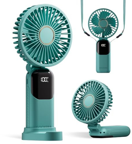 GOCKERA Portable Fan, 4200mAh Battery Operated Fan, 5 Speeds&Digital Display, Makeup Fans for Women with Base, 180°Foldable 3in1 Handheld/Neck/Desk Fan for Outdoor Indoor,Ultra Quiet (Green)
