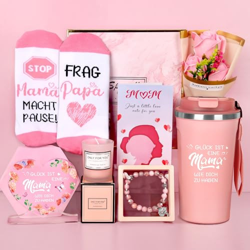 GEEKEO Geschenke für Mama, Muttertagsgeschenk für Mama Oma, Geburtstagsgeschenk für Mutter Thermobecher Muttertag Geschenkbox, Geschenkset zum Muttertag Weihnachten Valentinstag - Deutsch