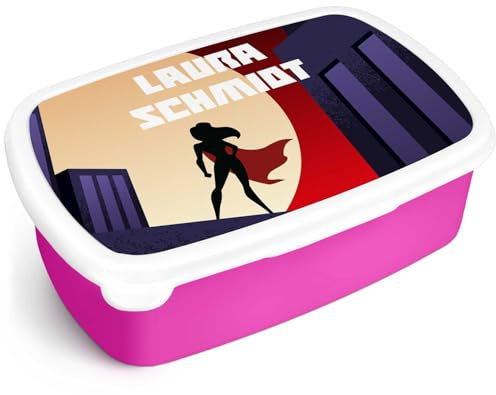 GRAVURZEILE Bedruckte Lunchbox - Superhelden - Personalisiert mit Namen - Brotdose für Kinder - Individuell bedruckt - Platzsparend stapelbar - Perfekt für Schule & Kita - Farbe: Pink