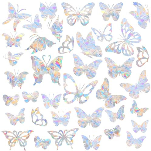 DOPENSPI 38 Stück Schmetterling Suncatcher Sticker, Fensteraufkleber Vogelschutz Prisma Fensteraufkleber Vogelschutz Fenster Regenbogen Fenster Sticker für Glasscheiben(Schmetterling)