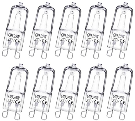 Woobroo G9 Halogen Light Bulbs, 25W 220V 10 Packs Clear Capsule 2 Pin Lamp Bulb Halogen Pin Base Warm White Dimmable