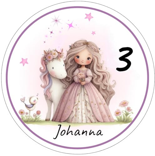 Tortenaufleger Prinzessin mit Einhorn, Personalisierbar, 20 cm Rund, Essbar, Rosa-Flieder (Zuckerpapier)