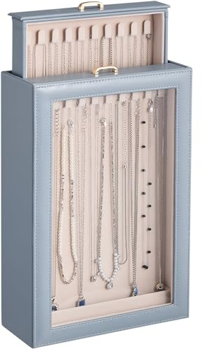 Lolalet Organizador de Collares Vertical，Caja para Collares con 2 Cajones Extraíbles,2 Capas y 20 Ganchos,Almacenamiento Antienredos para Collares,Pulseras y Accesorios- Azul Polvo