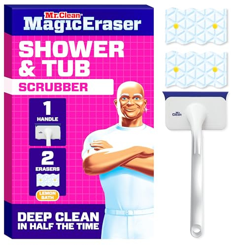 Mr. Clean Magic Eraser Shower & Tub Scrubber, Bathroom Cleaner, All in One Bathroom Cleaner, Lemon Starter Kit, 1 Scrubber & 2 Foaming Magic Erasers