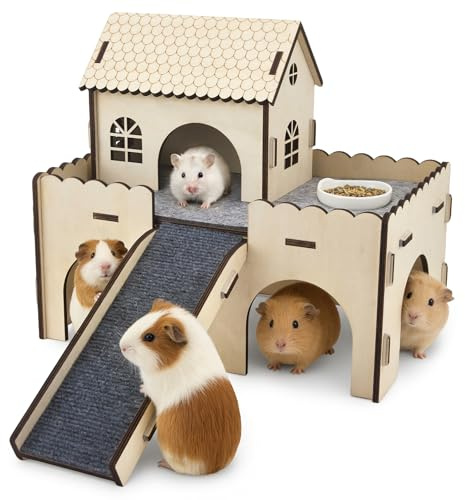 Maison pour cobaye, cachette avec Maison pour cobaye, Jouet en Bois Extra Large pour cobayes avec escaliers et Tapis, lit pour 2 Petits Animaux, château de Cache-Cache pour Hamsters