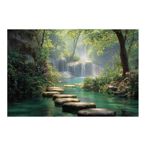 DMZPKZB Leinwandbild mit Landschaftsmotiv Wasserfall Wanddekoration,modernes Druckkunstwerk,für Büro, Schlafzimmer, Badezimmer, Flur, Wohnzimmer(Grün)-70x100cm Ungerahmt