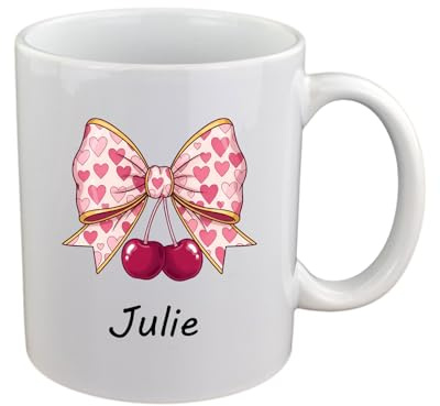 Personalised with First Name, Heart Bow and Cherries Design, White Ceramic Mug, 11oz