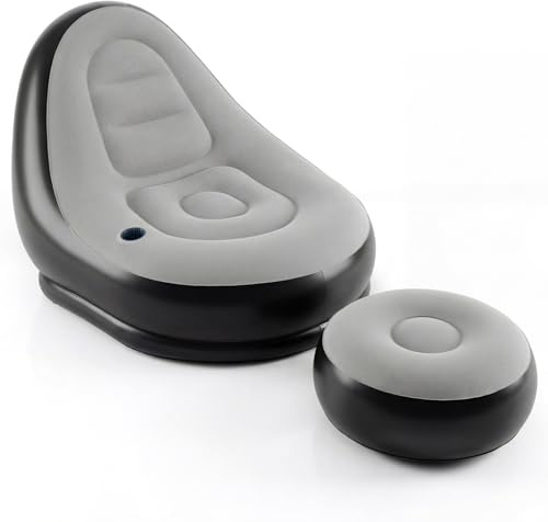 Multigot Inflatable Lounge Chair and Footstool | Portable Blow Up Sofa Lounger with Built-in Cup Holder, 2-Piece Lazy Flocking Recliner Chair Set Floor Air Couch for Gaming