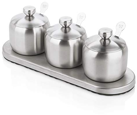 TENTA KITCHEN Contenitori condimento Acciaio Inox Porta spezie Contenitore per spezie Cruet Bottiglia Sale Pepe Organizzatore di stoccaggio per Zucchero, 3 Pezzi con cucchiai, Base Antiscivolo