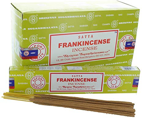 Satya Frankincense Incense Satya Sai Baba Nag Champa - Caja de varillas de incienso - Paquete de 12 (15 gramos cada uno)