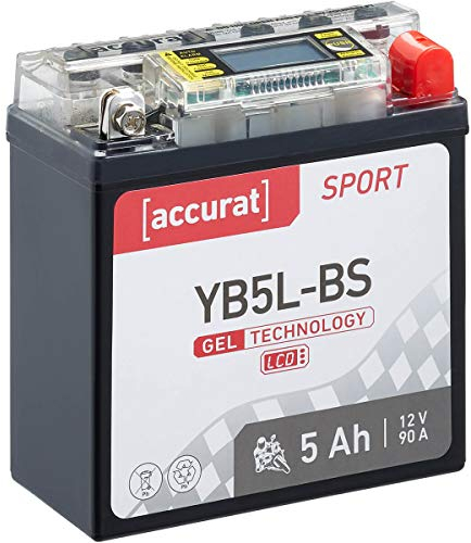 Accurat Motorradbatterie YB5L-BS - 12V, 5Ah, 90A, rüttelfest, wartungsfrei, LCD Display - Starterbatterie, Gel Batterie in Erstausrüsterqualität für Rasentraktor, Roller, Motorrad, Quad