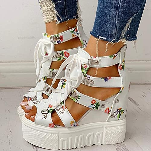 LONG-M Damen Plateau Sandale Mit Keilabsatz Ethno Nieten Römersandalen Zehen Und Atmungsaktiven Sandalen,Weiß,40
