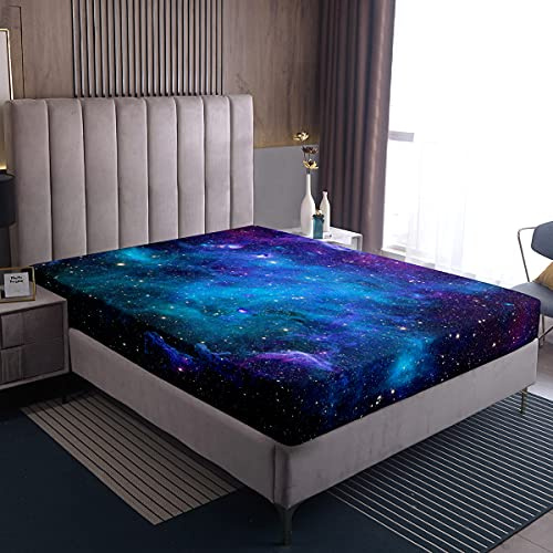 Loussiesd Sternenhimmel Galaxis Spannbettlaken 160x200cm Kosmische Galaxie Spannbetttuch Lila Blau Galaxy drucken Bettlaken Weich Atmungsaktiv Microfaser für Kinder Jungen Mädchen Frauen