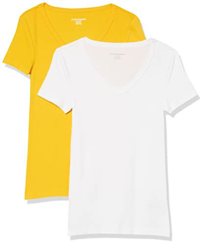 Amazon Essentials Camiseta de Cuello en Pico de Manga Corta y Ajuste Entallado Mujer, Pack de 2, Blanco/Amarillo Dorado, XXL
