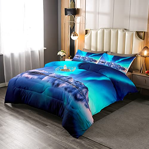 Loussiesd Polarlicht Thema Bettdecke 135x200cm Aurora Borealis Nordlichter Steppbett Natur Astronomische Landschaft Schneeberg Winter Sommer Bettdecke für Kinder Jugendliche