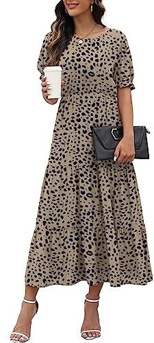 GRECERELLE Womens Summer Midi Dress Floral Print Boho Dress Ruffle Puff Sleeve High Waist A-Line Casual Boho Cocktail Holiday Beach Long Dress for Ladies (Apricot Navy Blue, M)