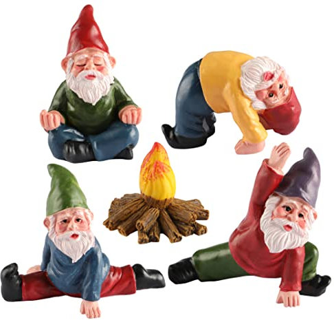 YARCHONN Lot de 5 Nains de Jardin Miniatures en résine, décoration d'elfe Amusante pour terrasse, Cour, pelouse ou décoration de Jardin (série Yoga)