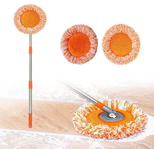 Xyfw Um 360° drehbarer, verstellbarer Reinigungsmopp, ausziehbarer Wischmopp für Bodenreinigung, Wandreinigung, mit Korallensamt und Chenille-Tuch, zwei Moppköpfe (68 cm – 114 cm), Orange
