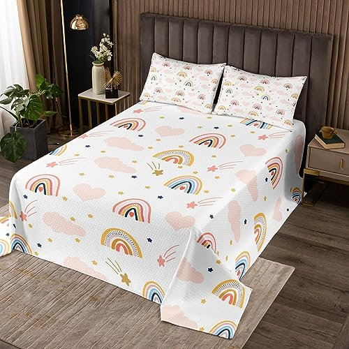 Hübsch Regenbogen Bettüberwurf für Mädchen Jungen Rot Rosa Regenbogen Tagesdecke 240x260cm Buntes Streifen Steppdecke Wunderschön Karikatur Regenbogen Bettüberzug Wohndecke Doppelbett Gesteppt 3Stück