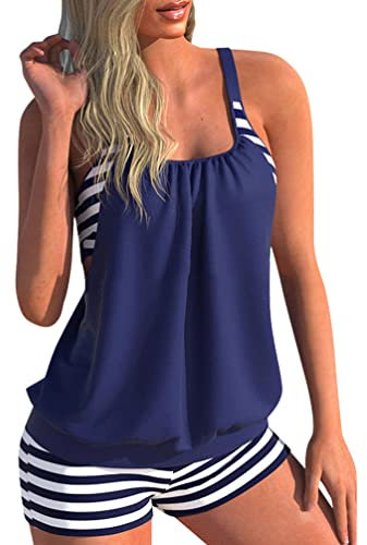 Minetom Maillot de Bain 2 Pièces Femme Tankini Ensembles Maillots Push Up Bikini Set Imprimé sans Manches Débardeur et Short F Bleu XS