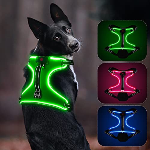 Leuchtendes Hundegeschirr, Colaseeme Anti Zug Hundegeschirr mit Reflexstreifen und Kontrolle Verstellbar Geschirr, LED Hundegeschirr Wieder, aufladbares Beleuchtetes Hundegeschirr, Grün M