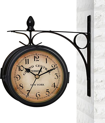 PIGMANA Reloj de la estación de Tren | Reloj de Pared de Doble Cara de 8,58 Pulgadas | Hierro Forjado, Temporizador de Metal para jardín, decoración del hogar, Interior, Exterior, Sala