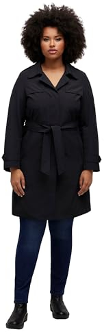 Ulla Popken Damen Trenchcoat, A-Linie, Hemdkragen, Bindegürtel Threnchcoat, Schwarz, 46/48