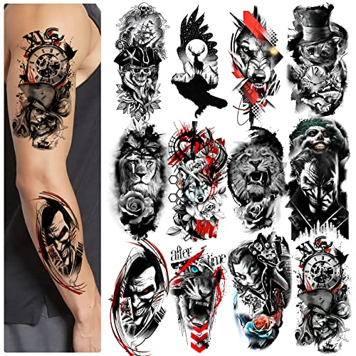 12 temporäre Tattoo-Ärmel für Arme - temporäre Tattoos für Männer und Frauen - große, wasserdichte und langlebige Löwen-Wolf-Piraten-Tattoos
