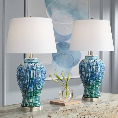 Possini Euro Design Temple Jar 27 Tall Modern Asian Table Lamps Set of 2 Blue-Green Teal Ceramic Living Room Bedroom Bedside Nightstand House Office Home Reading White Shade (Colors May Vary)