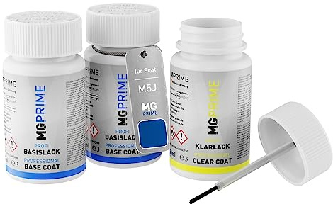 MG PRIME Stylos de retouche pour Seat M5J / N1 Saphirblau Metallic + vernis | Sapphire Blau, Peinture voiture, Kit peinture de fond + base + vernis, flacons de peinture avec pinceau, 50ml chacun
