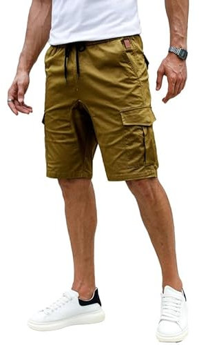Elegancity Kurze Hosen Khaki Herren Cargo Shorts Sommer Freizeithose Kurze Elastische Taille Chino Shorts Mit 6 Taschen M