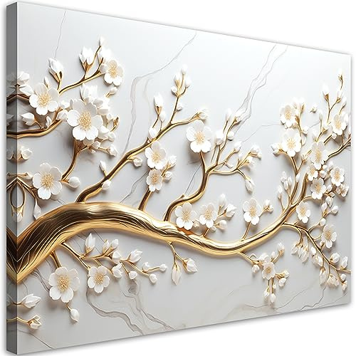 Feeby Bilder 3D Blumen 120x80 cm 1 tlg Modern Leinwandbilder Bild auf Leinwand Kunstdruck Wand Bild Wanddeko Design Schlafzimmer Büro Flur Hotel Spa Wohnzimmer Pflanzen Botanik Blumenmotiv Gold