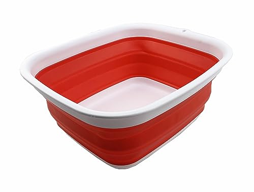 SAMMART 7.7L Collapsible Tub - Foldable Dish Tub - Portable Washing Basin - Space Saving Plastic Washtub (White/Coral Pink)