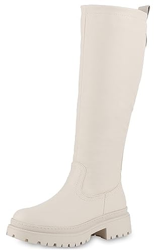 VAN HILL Damen Plateaustiefel Blockabsatz Plateau Vorne Trendy Schuhe 840614 213379 Beige 39