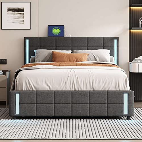 ZYLOYAL10 Polsterbett mit 4 Schubladen hautfreundliches Leinen gepolstert flaches Einzelbett Kinderbett Jugendbett Gästebett (140 * 200cm, Grau)