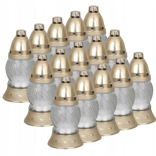 Grabkerzen Glas 15er Set mit einer subtilen Form und einem zarten Design, inkl. gold Deckel und weiß Einsatz, Grablicht, Trauerkerze, Friedhofskerze, Grabdeko Grabschmuck Gedenkstätte