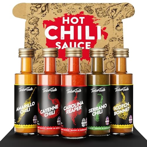 TIMBER TASTE® Chili Sauce Geschenkset [5 x 40ml] | Offroad Hot ones Soßen Geschenk Set | Geschenke für Männer & Frauen | Barbecuesauce, Currysauce, Mangosause | Chilli Saucen Gewürze