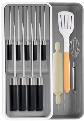 Sutowe Knife Drawer Organizer for 9 Knives 2 Tier Kitchen Knife Holder with Utensils Storage Box Pulled Out Knife Block Set for Store Space-Saving Washable