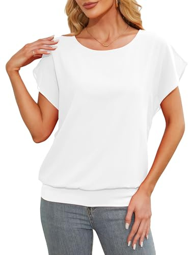 Anelune Womens Tops Summer Chiffon Blouse Short Sleeve Tops Loose Casual T-Shirts White X-Large