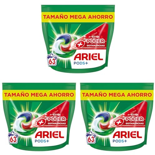 Ariel All-in-One Detergente Lavadora Liquido en Capsulas/Pastillas, 63 Lavados, Jabon Limpieza Profunda, Mas Poder Extra Quitamanchas (Paquete de 3)