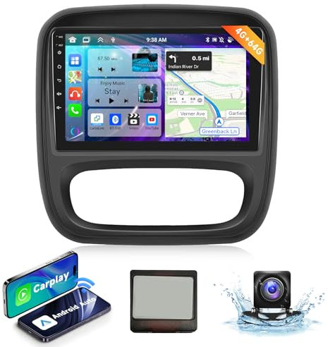 【4G+64G】 Podofo 9'' Radio Coche para Renault TRAFIC/Opel VIVARO 2015 Carplay Android Auto Bluetooth,8-Core,Pantalla Coche con GPS Navi,DSP/RDS/FM+AHD Back up Camera/CANBUS